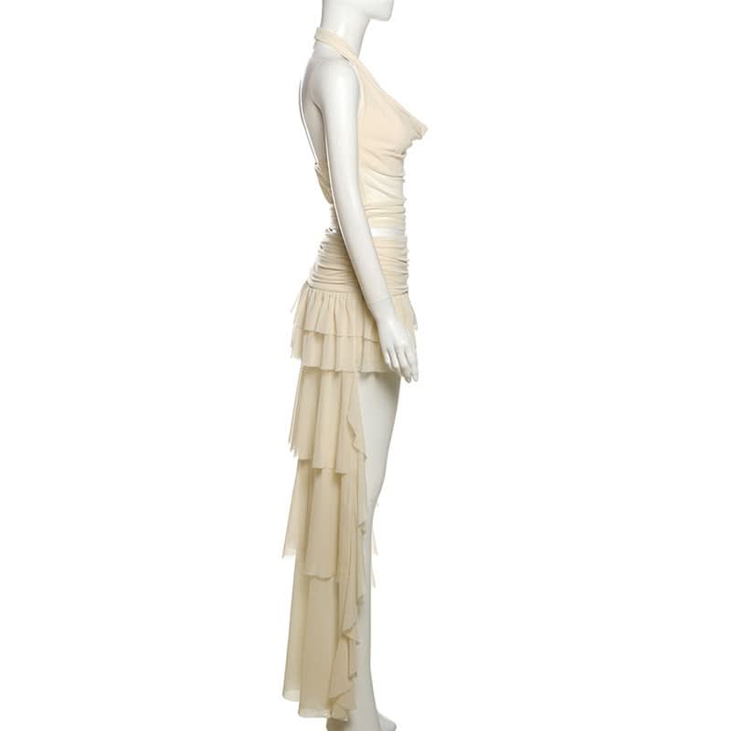 Halter mesh ruched cowl neck mini skirt set  | Festival Outfits Women