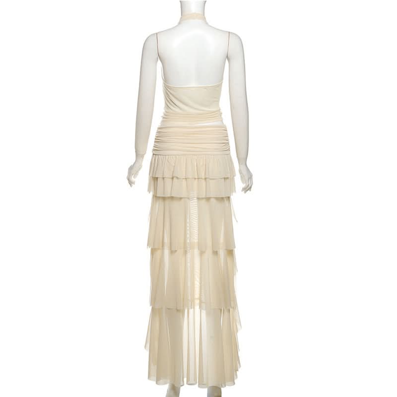 Halter mesh ruched cowl neck mini skirt set  | Festival Outfits Women