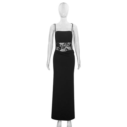 Lace square neck self tie solid cami maxi dress  | Festival Outfits Women