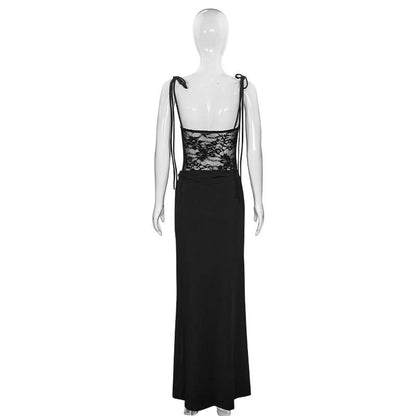 Lace square neck self tie solid cami maxi dress  | Festival Outfits Women