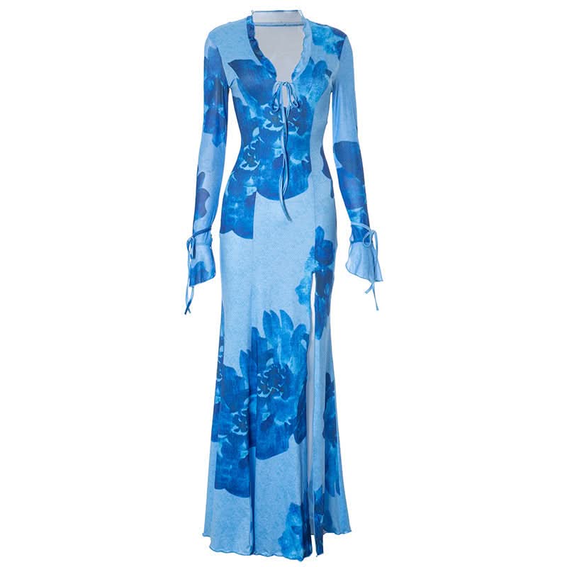 Slit v neck self tie long flared sleeve print maxi dress  | Festival Outfits Women