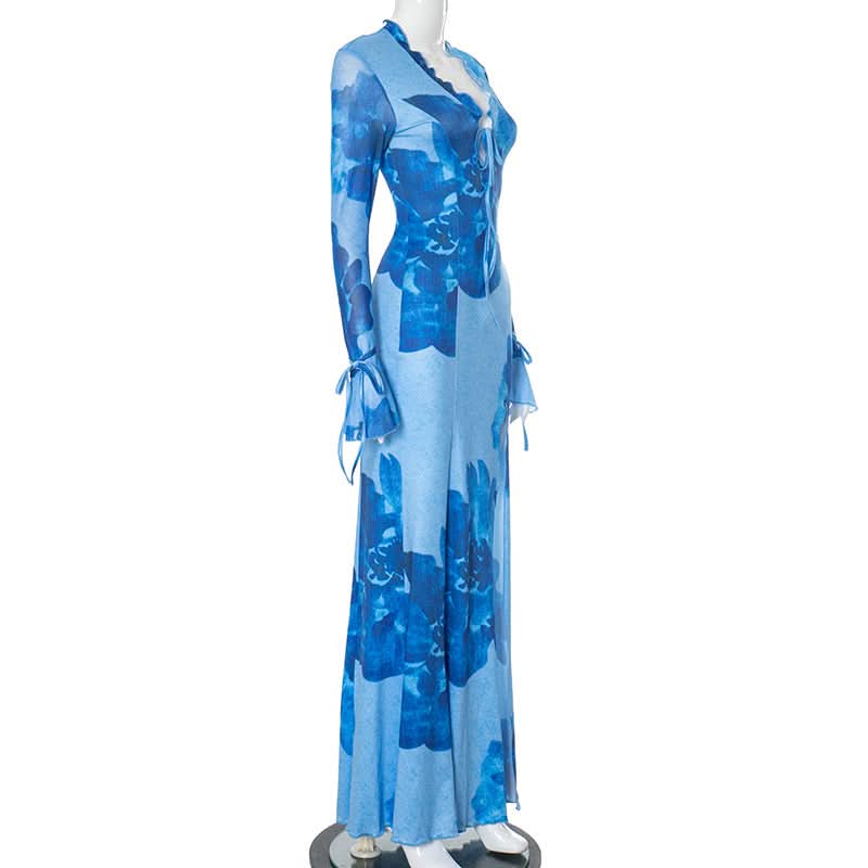 Slit v neck self tie long flared sleeve print maxi dress  | Festival Outfits Women