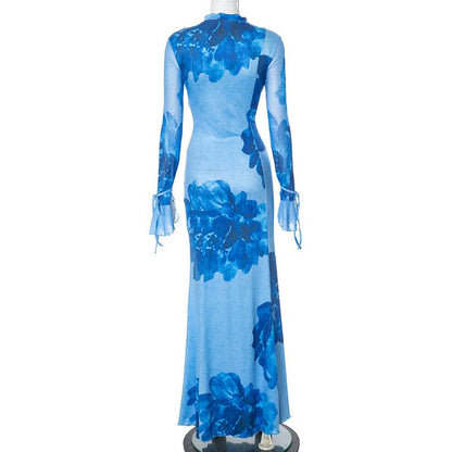 Slit v neck self tie long flared sleeve print maxi dress  | Festival Outfits Women