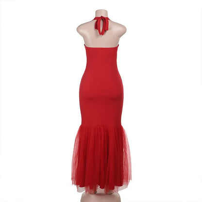 Halter self tie square neck ruched backless maxi dress  | Festival Outfits Women