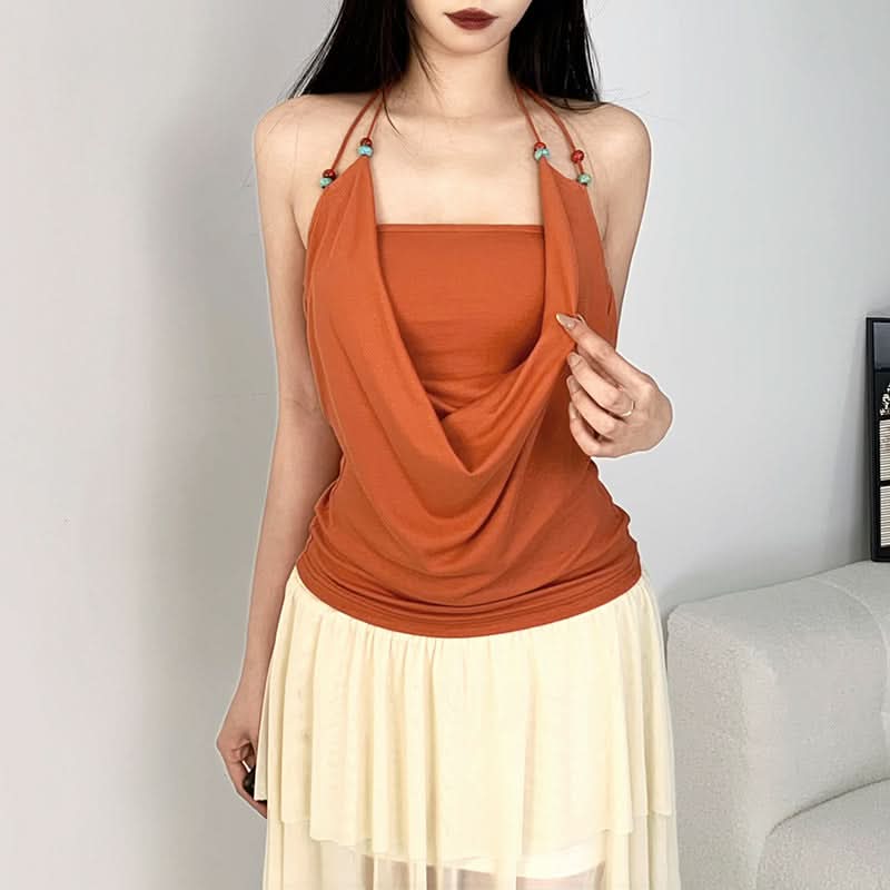 Halter beaded solid backless square neck top  | Festival Outfits Women