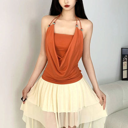 Halter beaded solid backless square neck top  | Festival Outfits Women