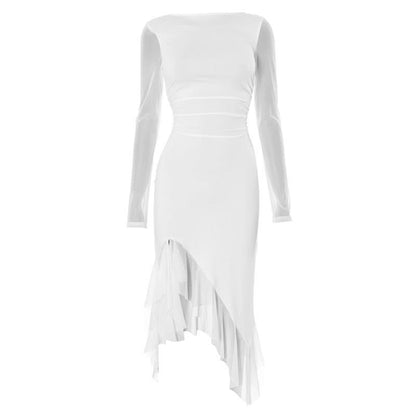 Long sleeve mesh patchwork ruffle midi dress  | Festival Outfits Women