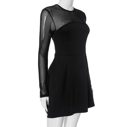 Long sleeve mesh patchwork button mini dress  | Festival Outfits Women