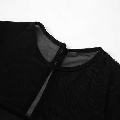 Long sleeve mesh patchwork button mini dress  | Festival Outfits Women