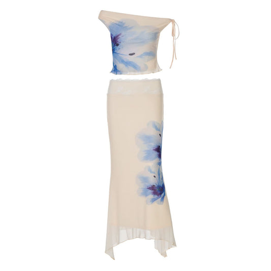 Off shoulder flower print lace hem maxi skirt set  | Festival Outfits Women