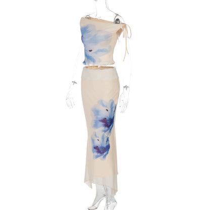 Off shoulder flower print lace hem maxi skirt set  | Festival Outfits Women