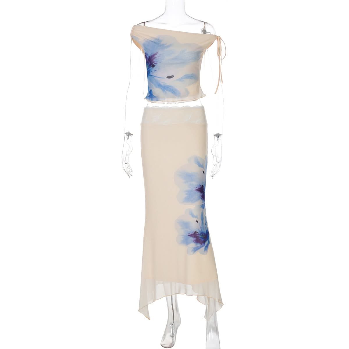 Off shoulder flower print lace hem maxi skirt set  | Festival Outfits Women