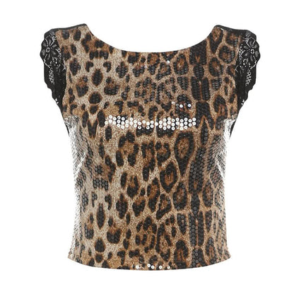 Glitter leopard print lace hem crewneck top  | Festival Outfits Women  | Cheetah Print Top