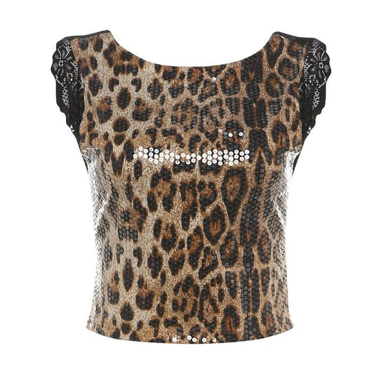 Glitter leopard print lace hem crewneck top  | Festival Outfits Women  | Cheetah Print Top
