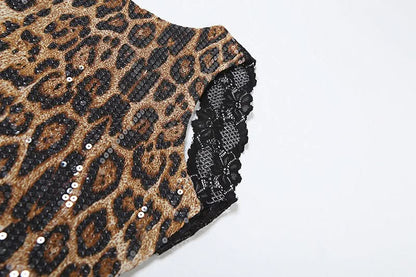 Glitter leopard print lace hem crewneck top  | Festival Outfits Women  | Cheetah Print Top