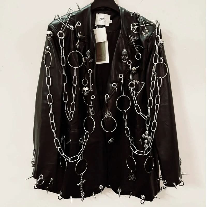 Long sleeve PU leather metal chain skull applique top  | Festival Outfits Women