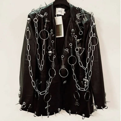 Long sleeve PU leather metal chain skull applique top  | Festival Outfits Women