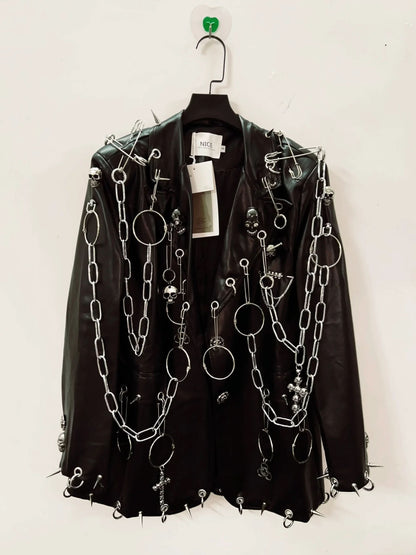 Long sleeve PU leather metal chain skull applique top  | Festival Outfits Women