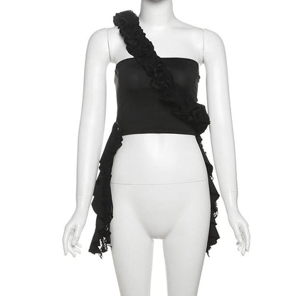 One shoulder irregular ruched ruffle top  | Festival Outfits Women