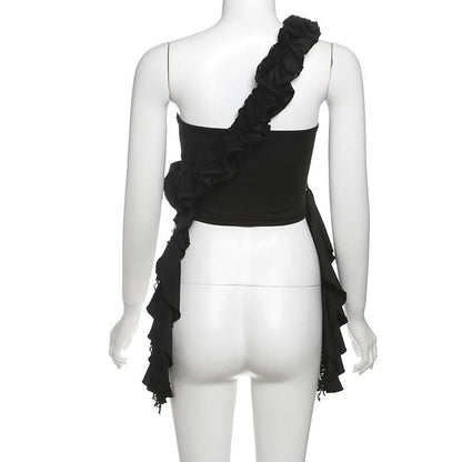 One shoulder irregular ruched ruffle top  | Festival Outfits Women