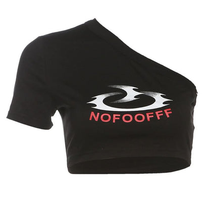 Short sleeve one shoulder letter pattern top  | Festival Outfits Women