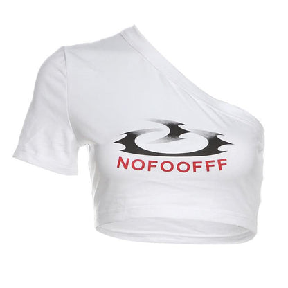 Short sleeve one shoulder letter pattern top  | Festival Outfits Women