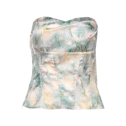 Print zip-up backless contrast tube top  | Festival Outfits Women