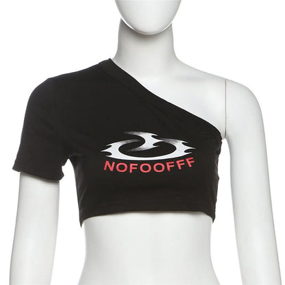 Short sleeve one shoulder letter pattern top  | Festival Outfits Women