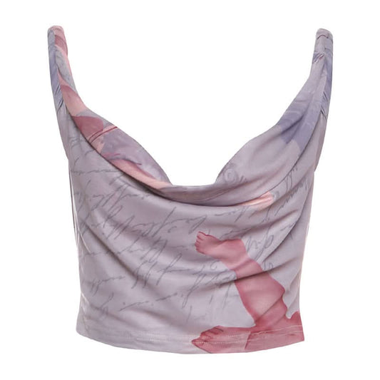 Cowl neck print contrast backless tank top  | Festival Outfits Women