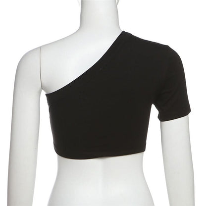 Short sleeve one shoulder letter pattern top  | Festival Outfits Women