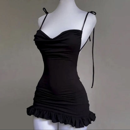 Cowl neck backless ruffle self tie cami mini dress  | Festival Outfits Women