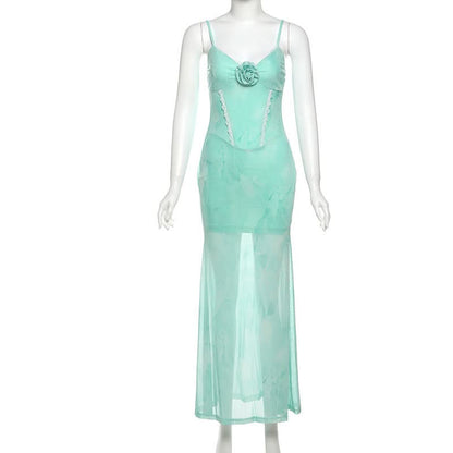 Flower applique contrast lace hem cami maxi dress  | Festival Outfits Women