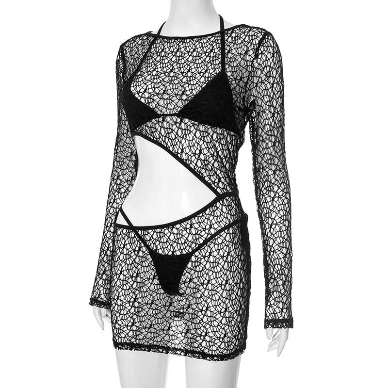 Long sleeve halter hollow out 3 piece cut out mini dress  | Festival Outfits Women