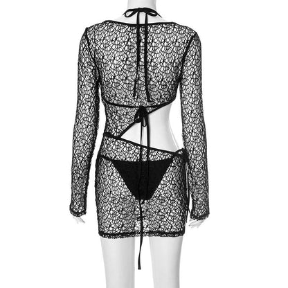 Long sleeve halter hollow out 3 piece cut out mini dress  | Festival Outfits Women