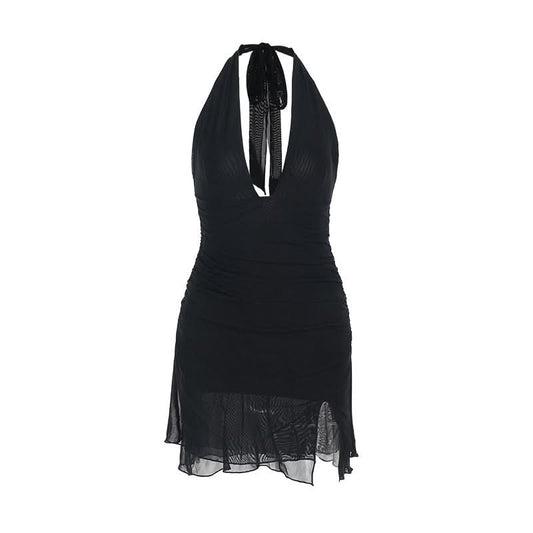 Halter self tie deep v neck slit ruched mini dress  | Festival Outfits Women