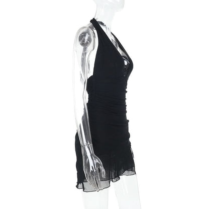 Halter self tie deep v neck slit ruched mini dress  | Festival Outfits Women