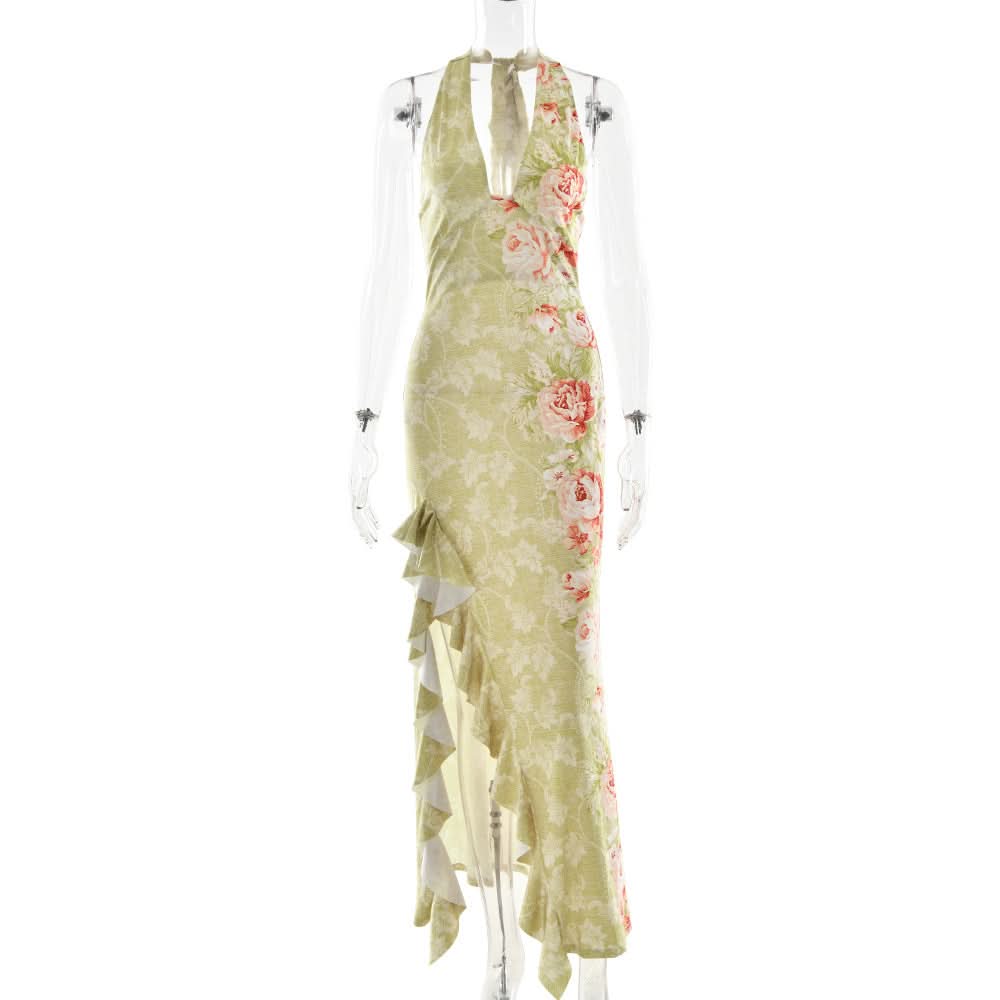 Slit ruffle flower print halter ruched mini dress  | Festival Outfits Women