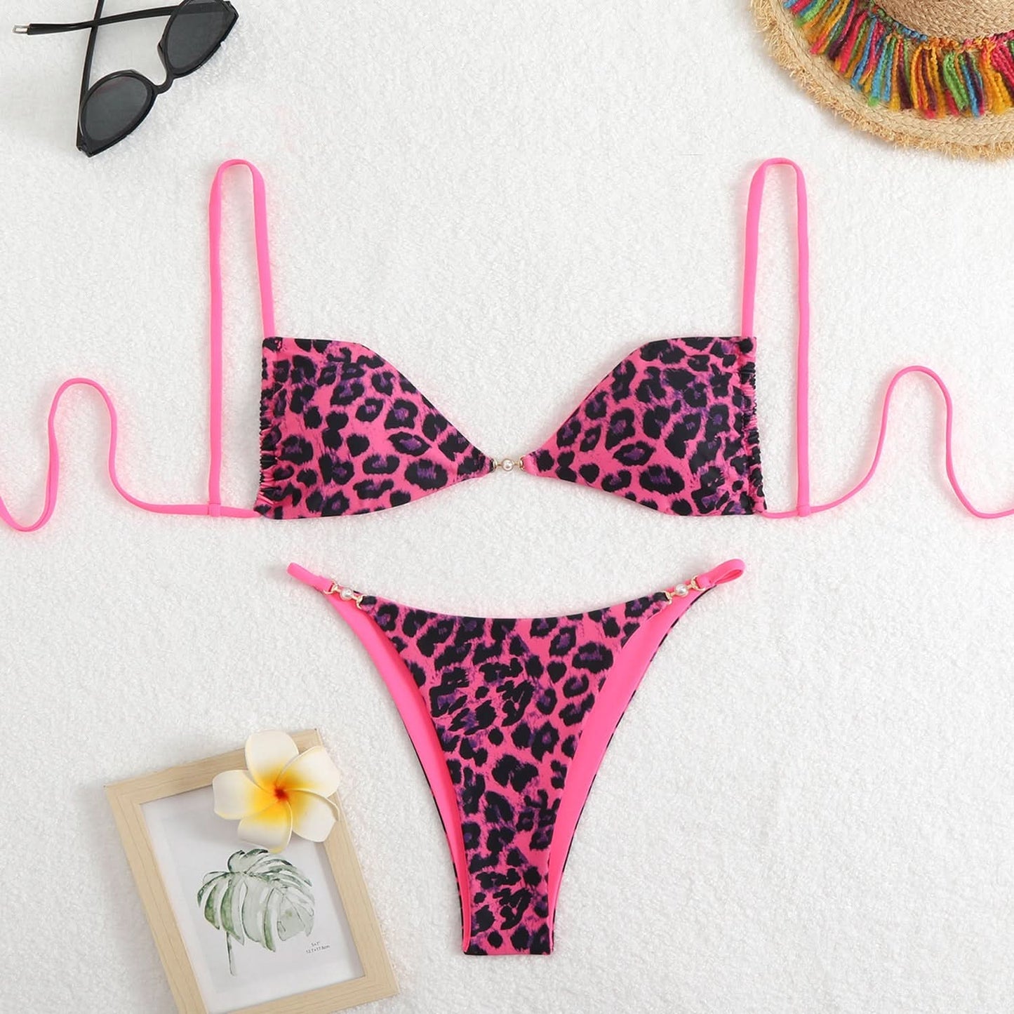 Leopard print self tie v neck cami bikini swimwear