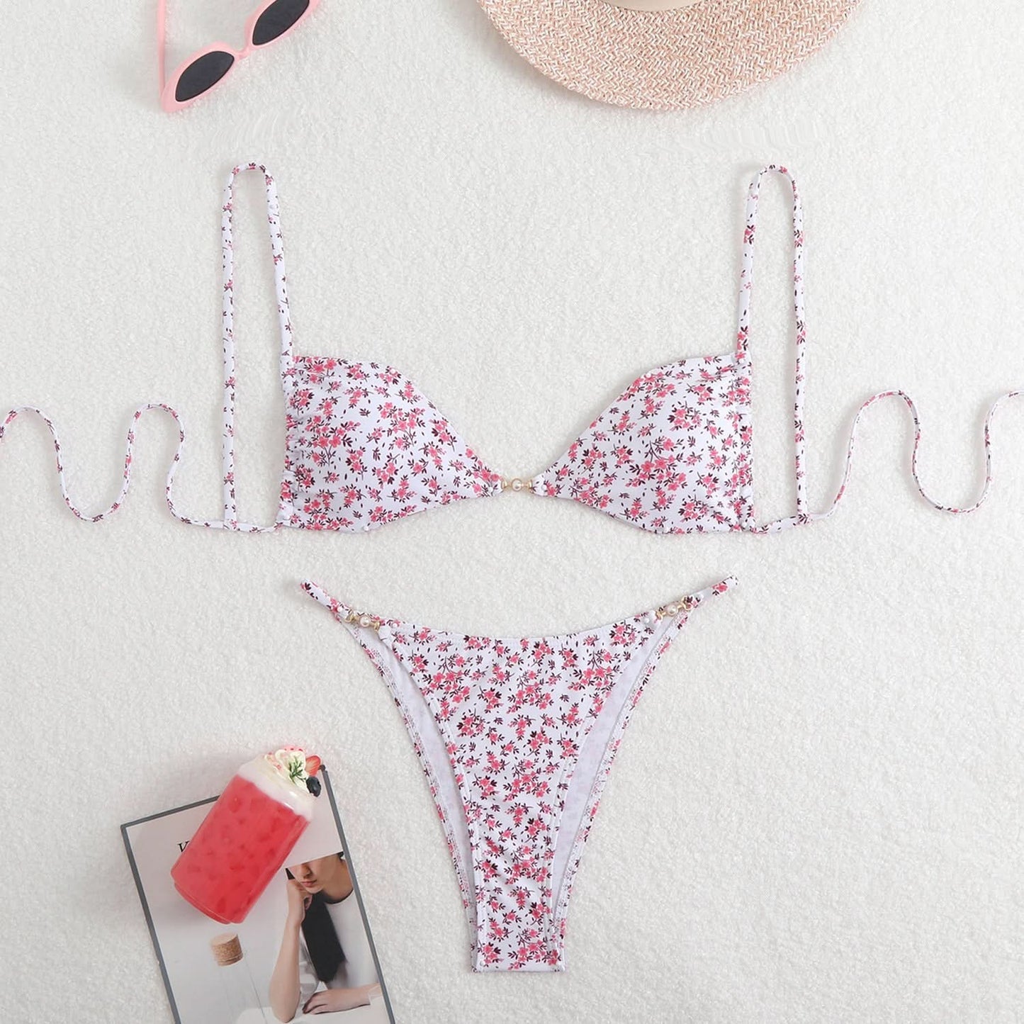 Leopard print self tie v neck cami bikini swimwear
