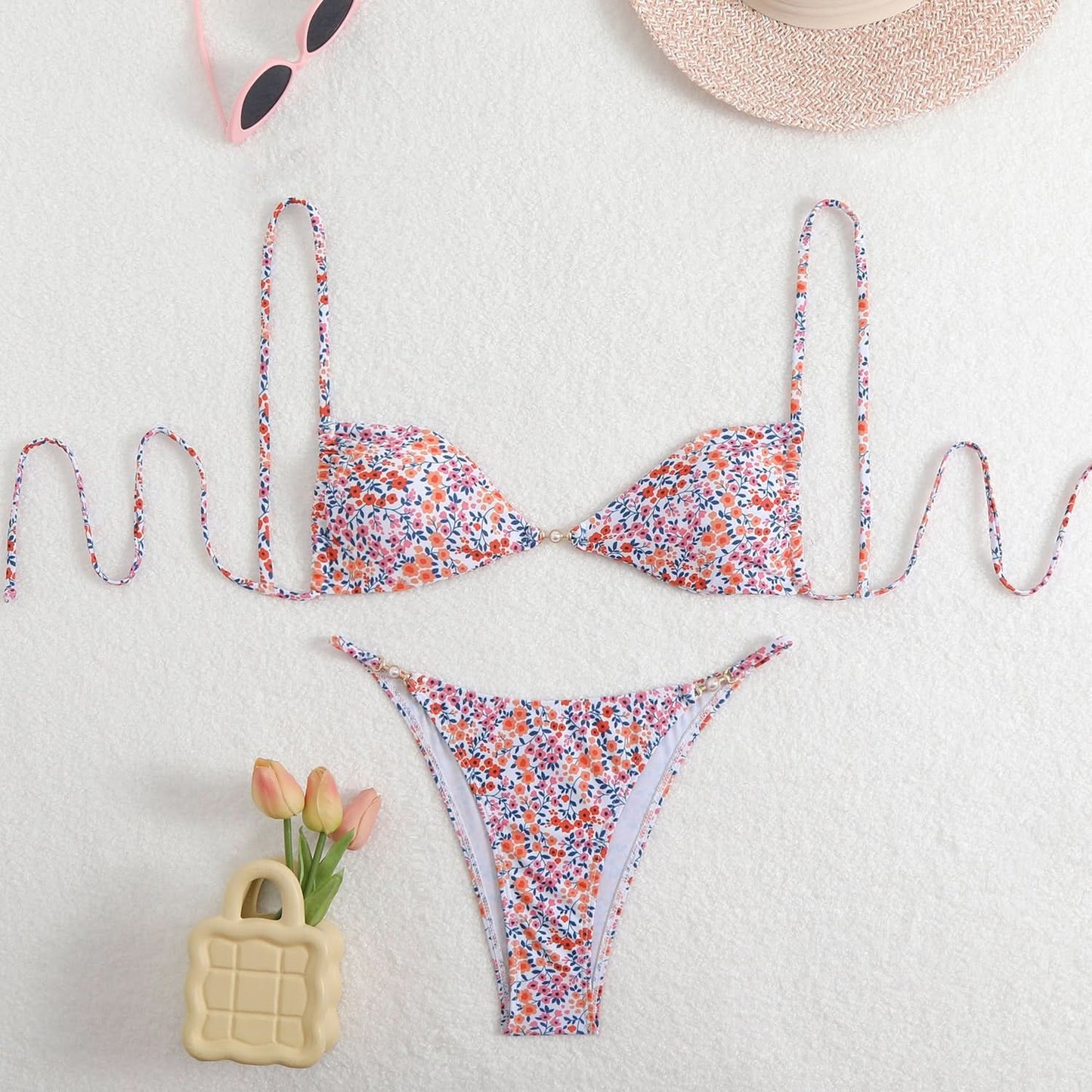 Leopard print self tie v neck cami bikini swimwear