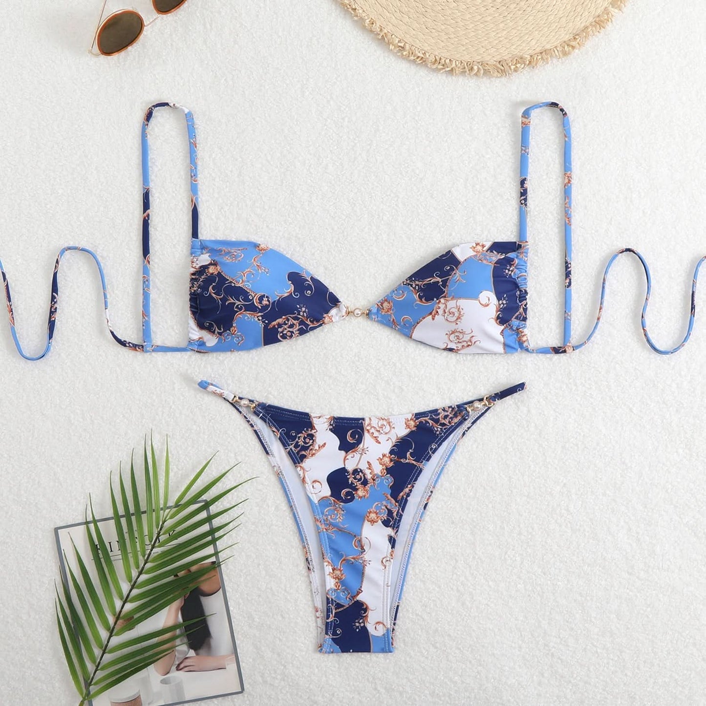 Leopard print self tie v neck cami bikini swimwear