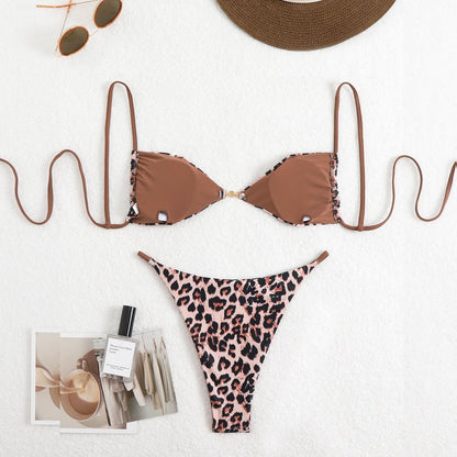 Leopard print self tie v neck cami bikini swimwear