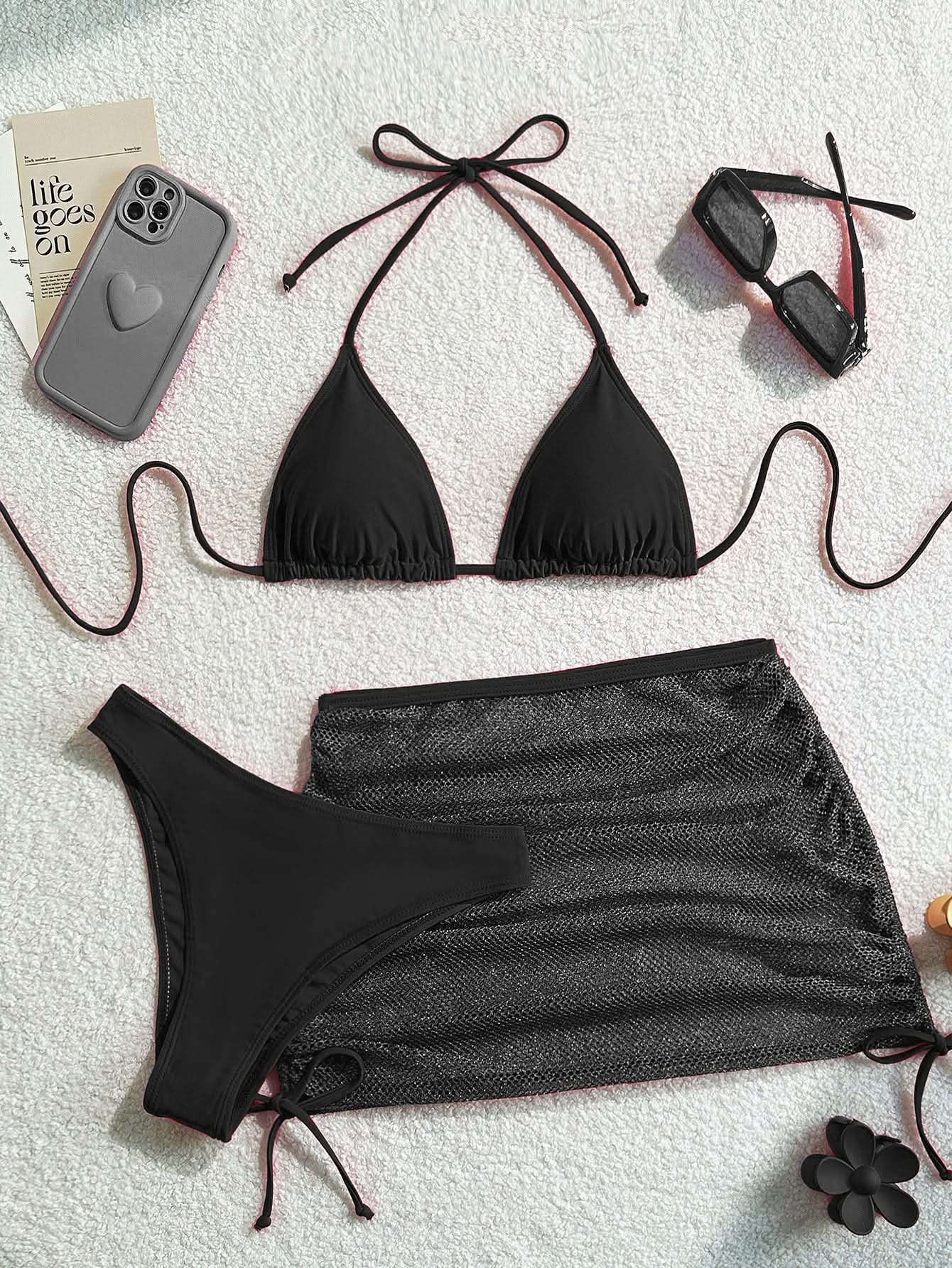 Ruched drawstring halter self tie 3 piece swimwear