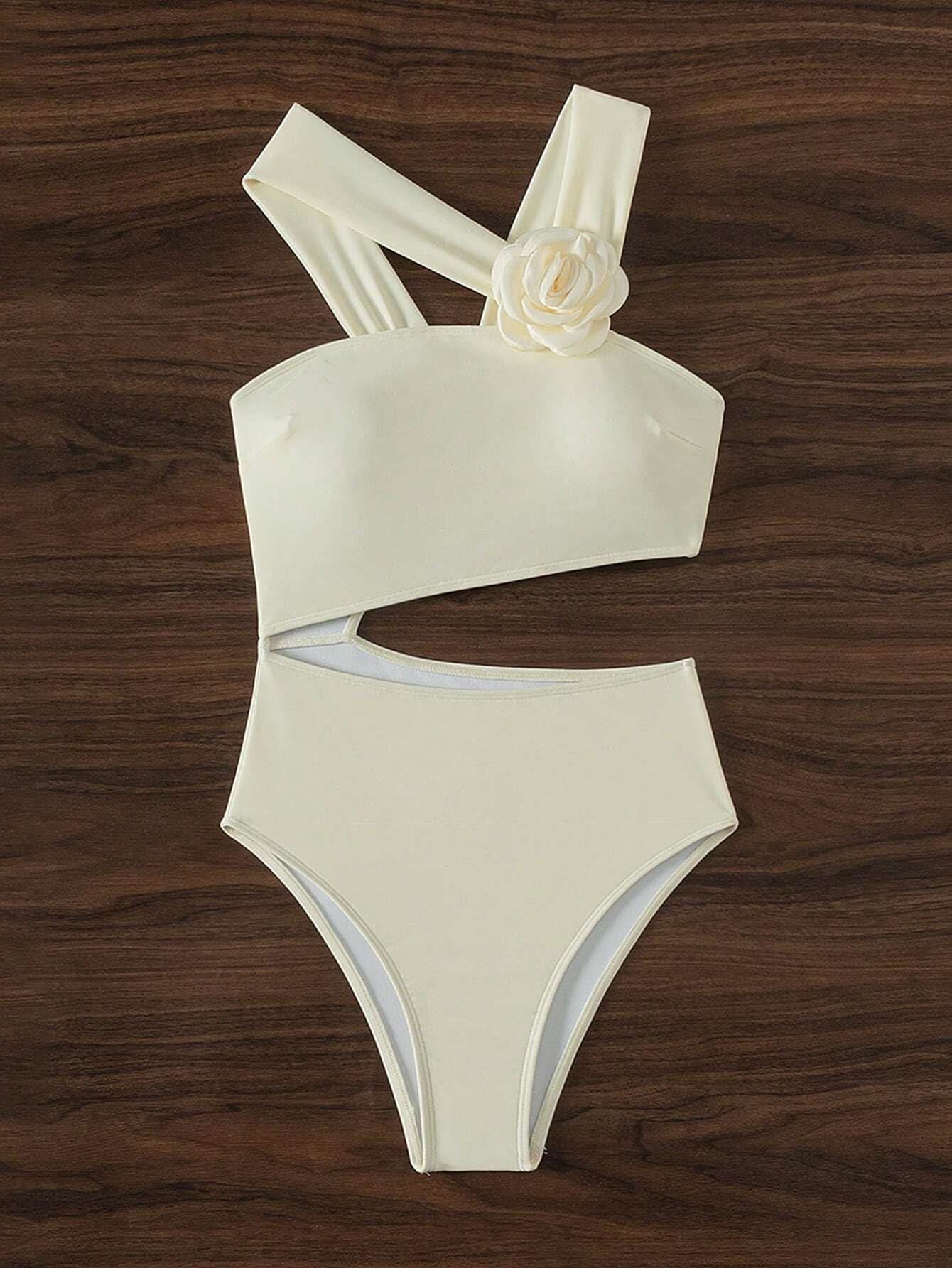 Irregular flower applique hollow out one piece swimwear