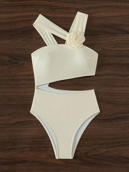 Irregular flower applique hollow out one piece swimwear