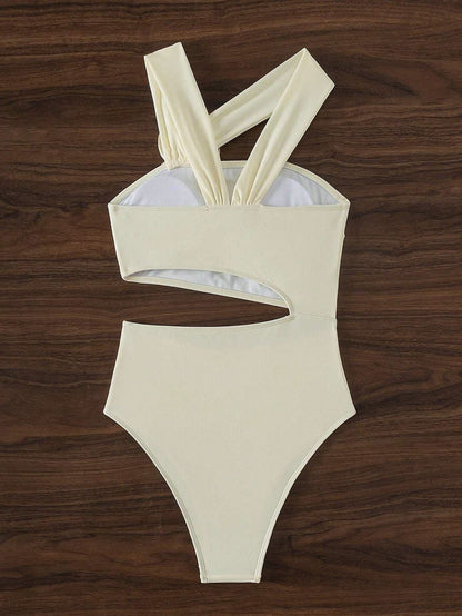 Irregular flower applique hollow out one piece swimwear