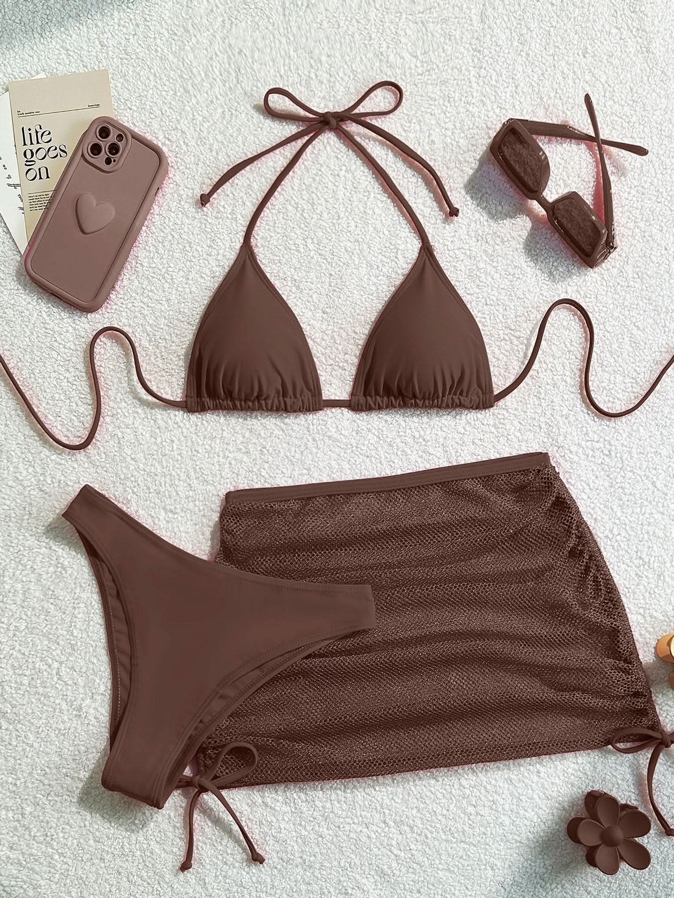 Ruched drawstring halter self tie 3 piece swimwear