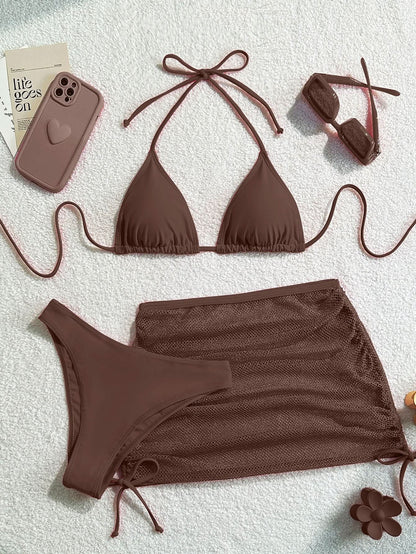 Ruched drawstring halter self tie 3 piece swimwear