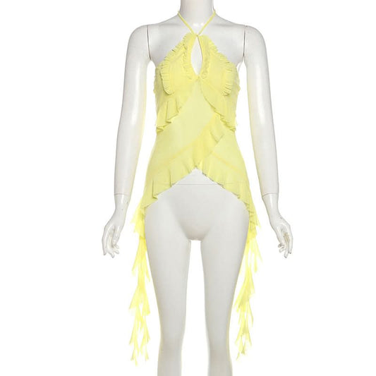 Halter ruffle mesh backless top  | Festival Outfits Women