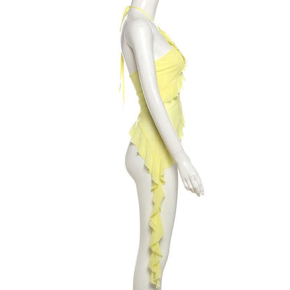 Halter ruffle mesh backless top  | Festival Outfits Women